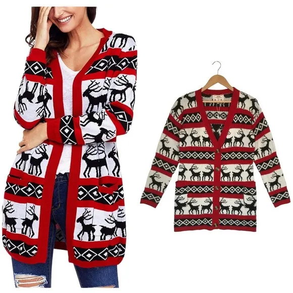 Merry Christmas Womens Size Small Cardigan Knit Sweater Holiday Long Sleeve Red - Image 2