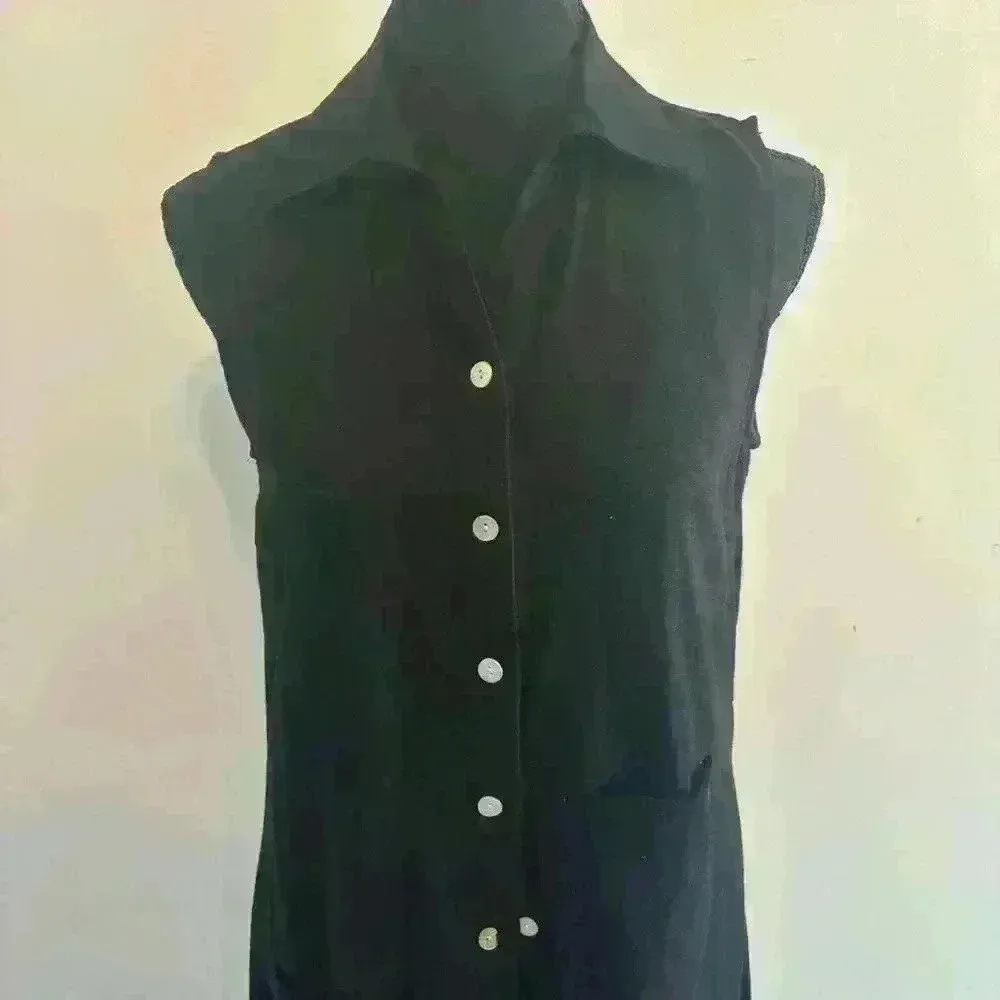 For Cynthia Womens Sz XS Black Linen Dress Button Front Pockets Asymmetrical Hem - Image 2