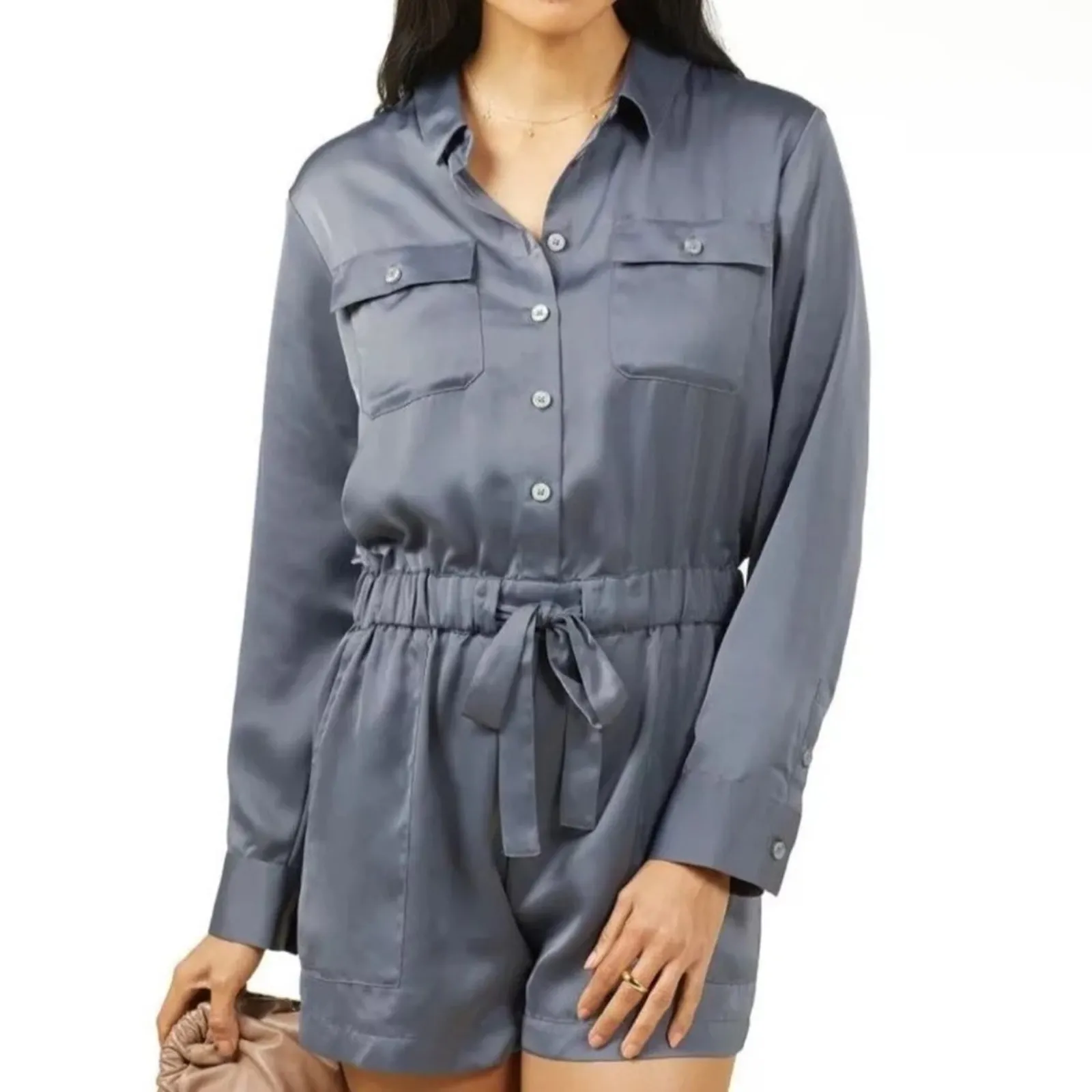 Outerknown Benson Jumpsuit Utility Long Sleeve Button Tie Romper Satin Sz S - Image 3