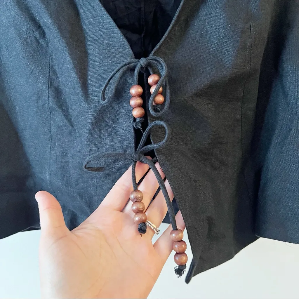 Zara Linen Black Sleeveless Vest with Beaded Tie Detail Size XL - Image 6