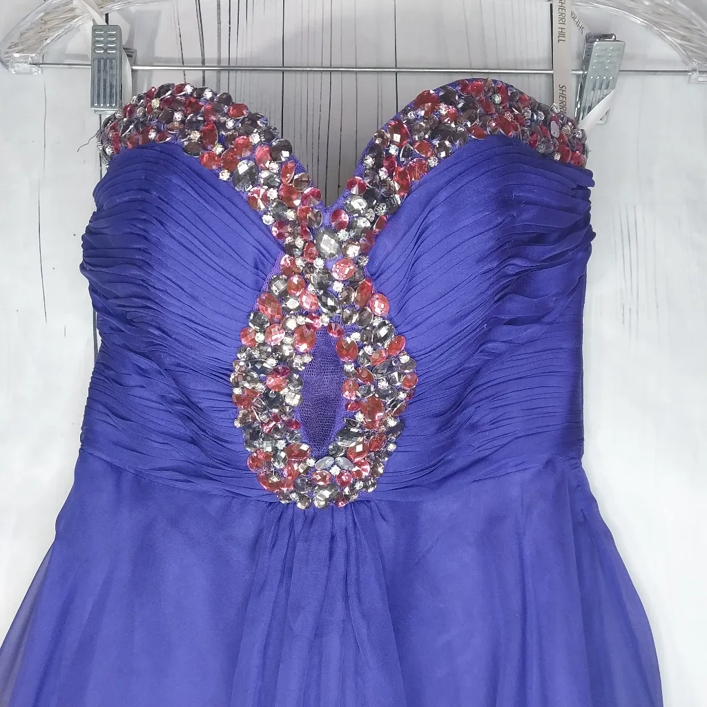 Sherri Hill Royal Purple Strapless  Dress with Cut Out Front With Embellishments - Image 14