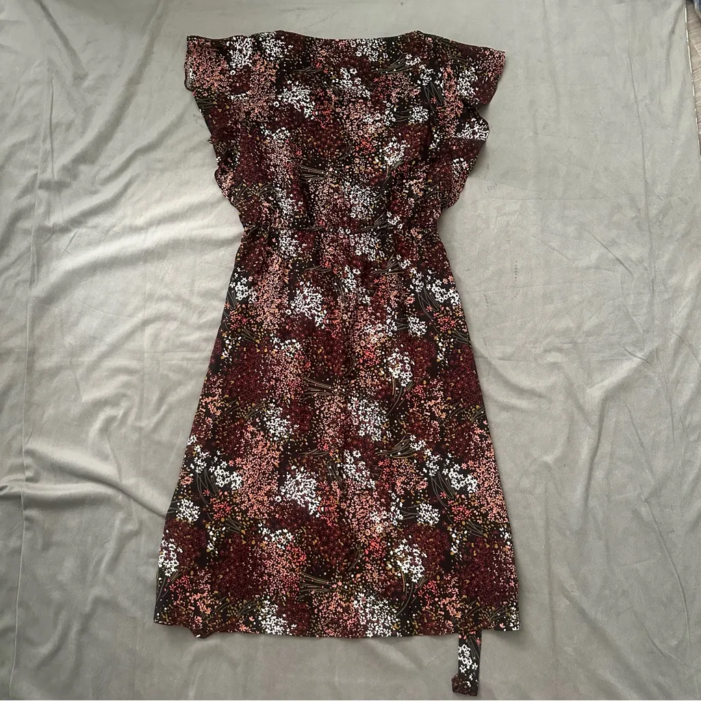 Loft Black Brown Pink Floral Midi Dress EUC Size MP - Image 6