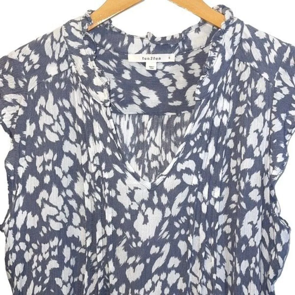 Fun2Fun Womens‎ Animal Print V-neck Ruffle Ari Rayon Blouse Top Gray Small - Image 3
