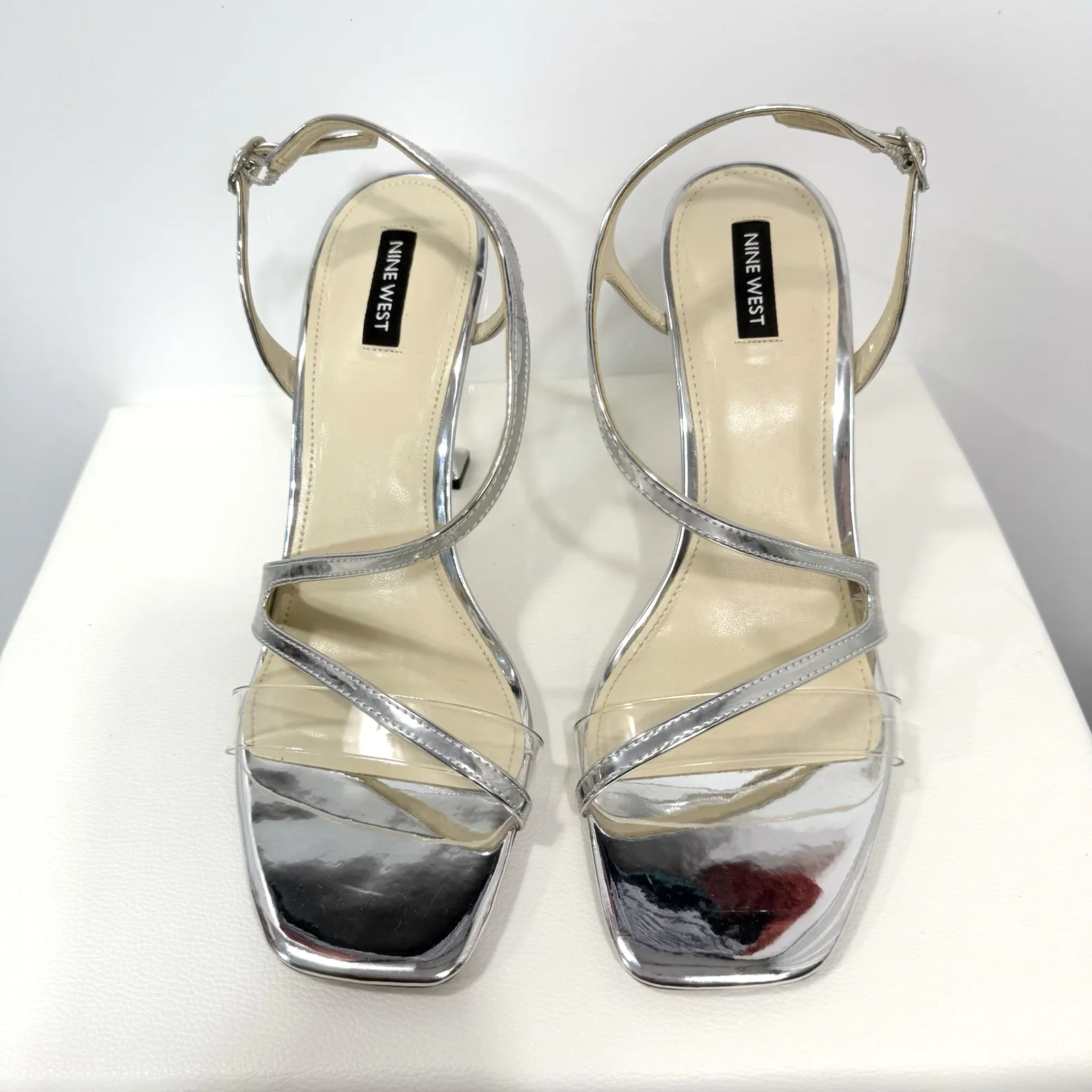 Nine West Heels Pumps Silver Faux Leather Stiletto Open Toe Wo's Size 10 - Image 12