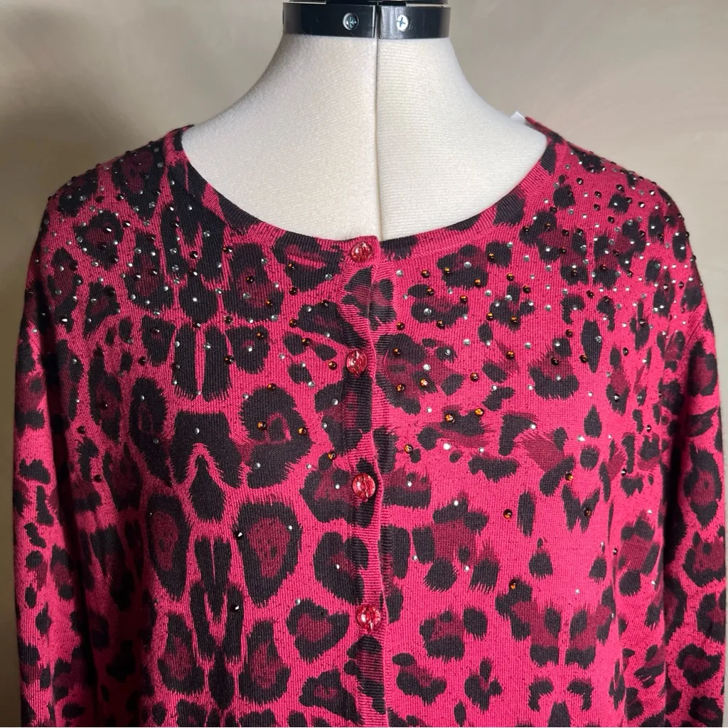 Quacker Factory Womens Leopard Long Sleeve  Rhinestone Cardigan Sweater|Size:1X - Image 2