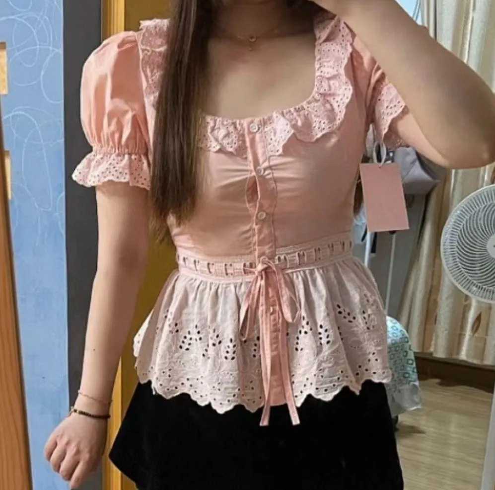 Japanese Kawaii Cottage Ballet Peach Pink Peplum Summer Lace Ribbon Blouse Top - Image 4