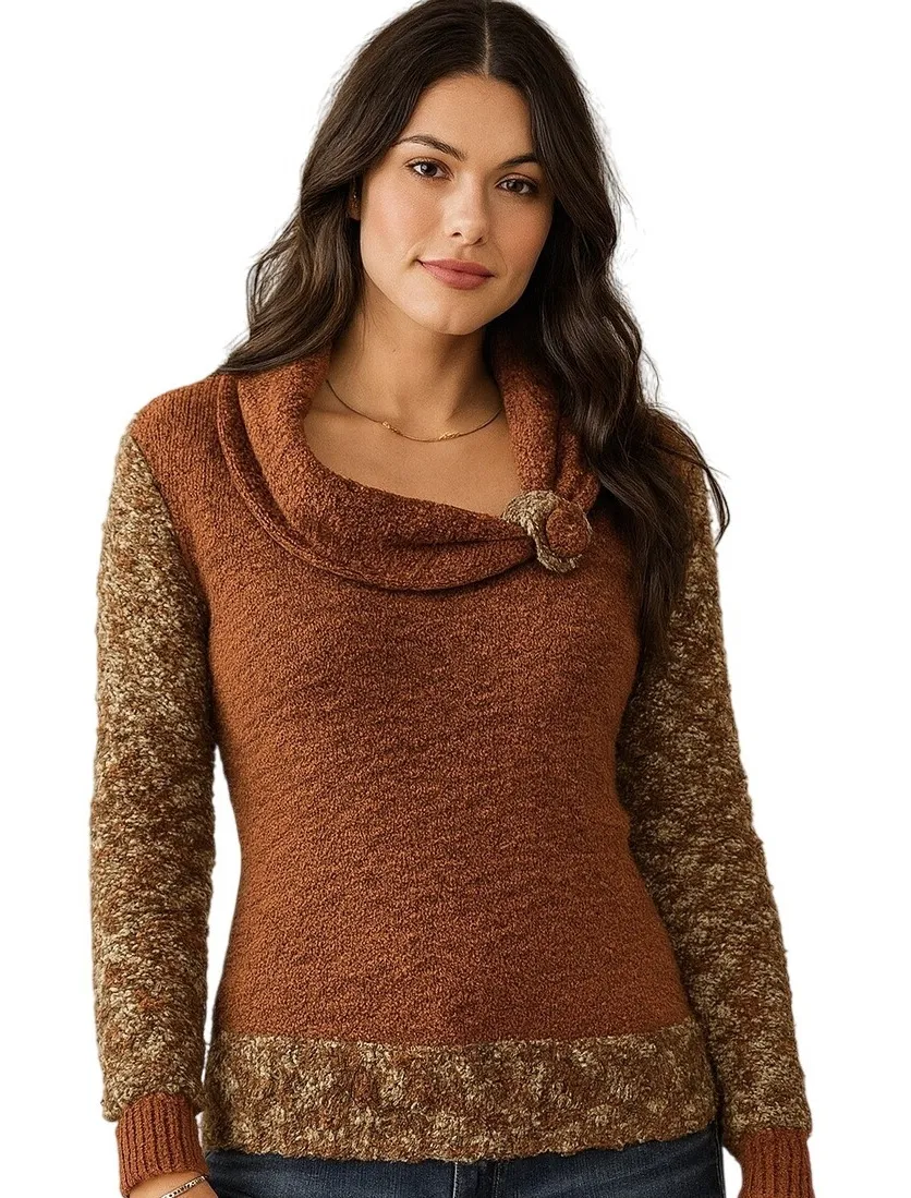 BKE Cowl Neck Knit Sweater Womens Large Brown Textured Long Sleeve Pullover - Image 1