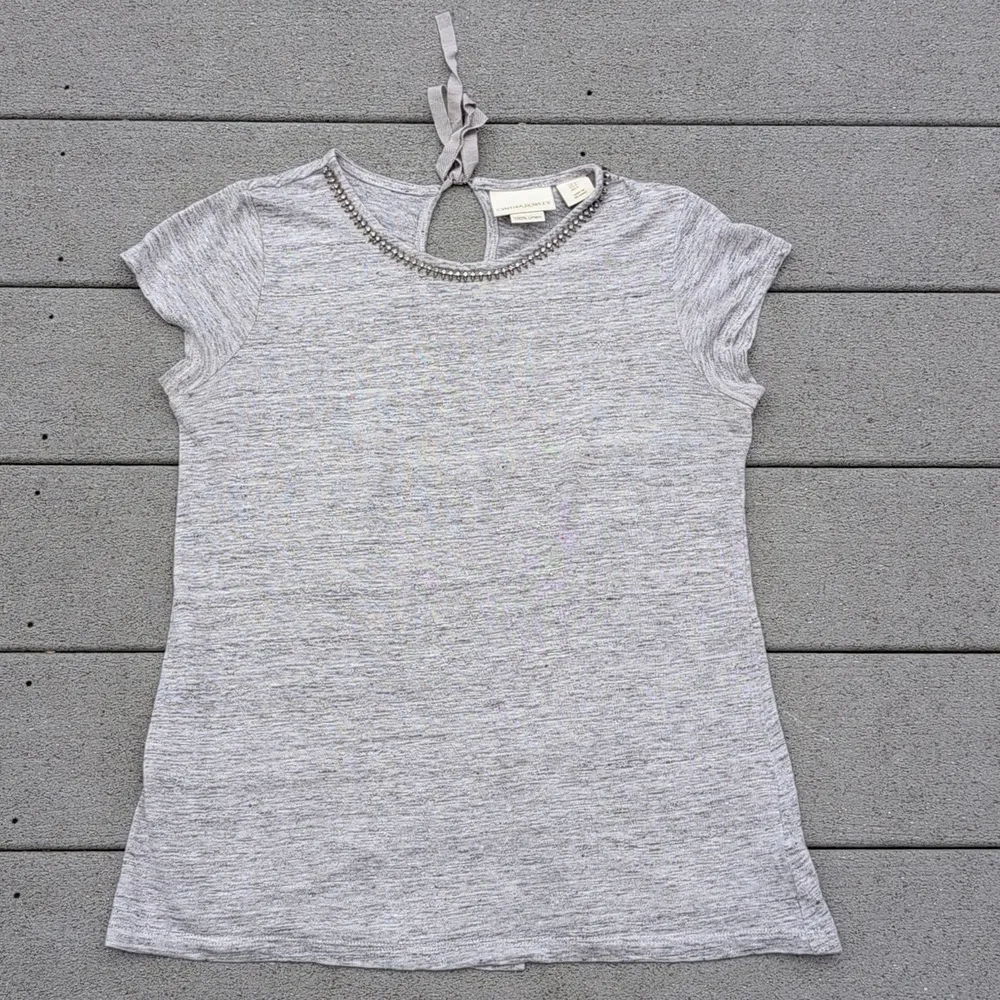 Cynthia Rowley Linen Jewel Neckline Short Sleeve Top With Keyhole Back - Image 7