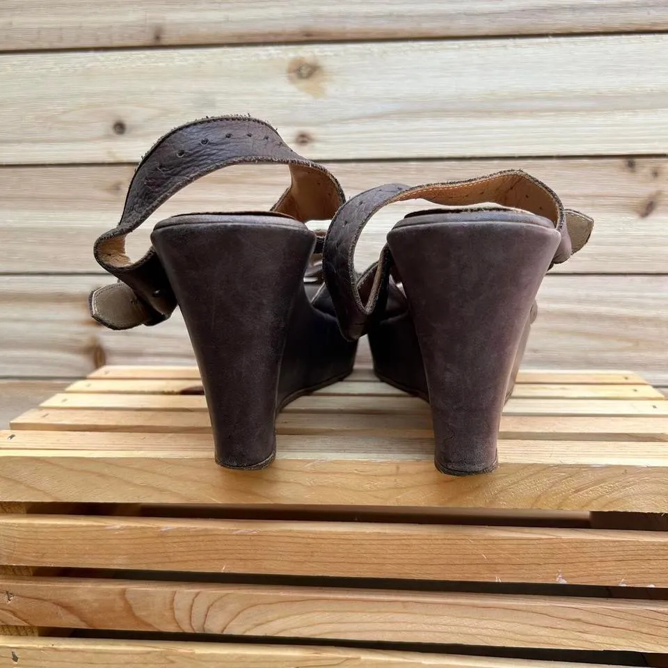 Y2K Purple Barney's Leather Wedge Sandals w/ Buckle Closure - Image 6