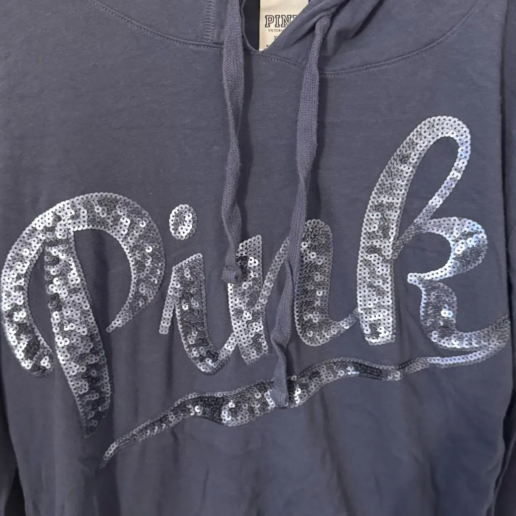 PINK Victoria's Secret Sequence Long Sleeves Lightweight Dark Blue Hoodie XS - Image 6