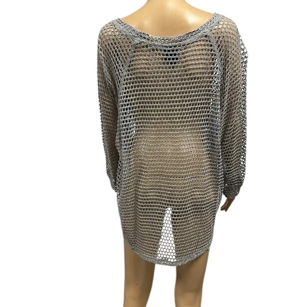 Y2K Bobeau Gray Mesh Cut Out 3 Quarter Sleeve Rounded Neck Coverup Top Womens XL - Image 5
