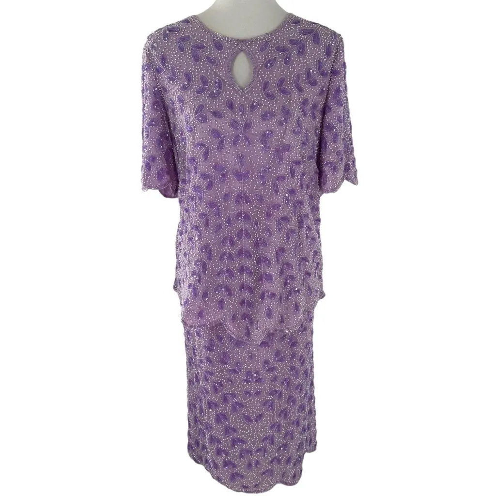 Vintage Jean for Joseph LeBon Lilac Purple Fully Beaded Top & Skirt Size 12 Set - Image 3