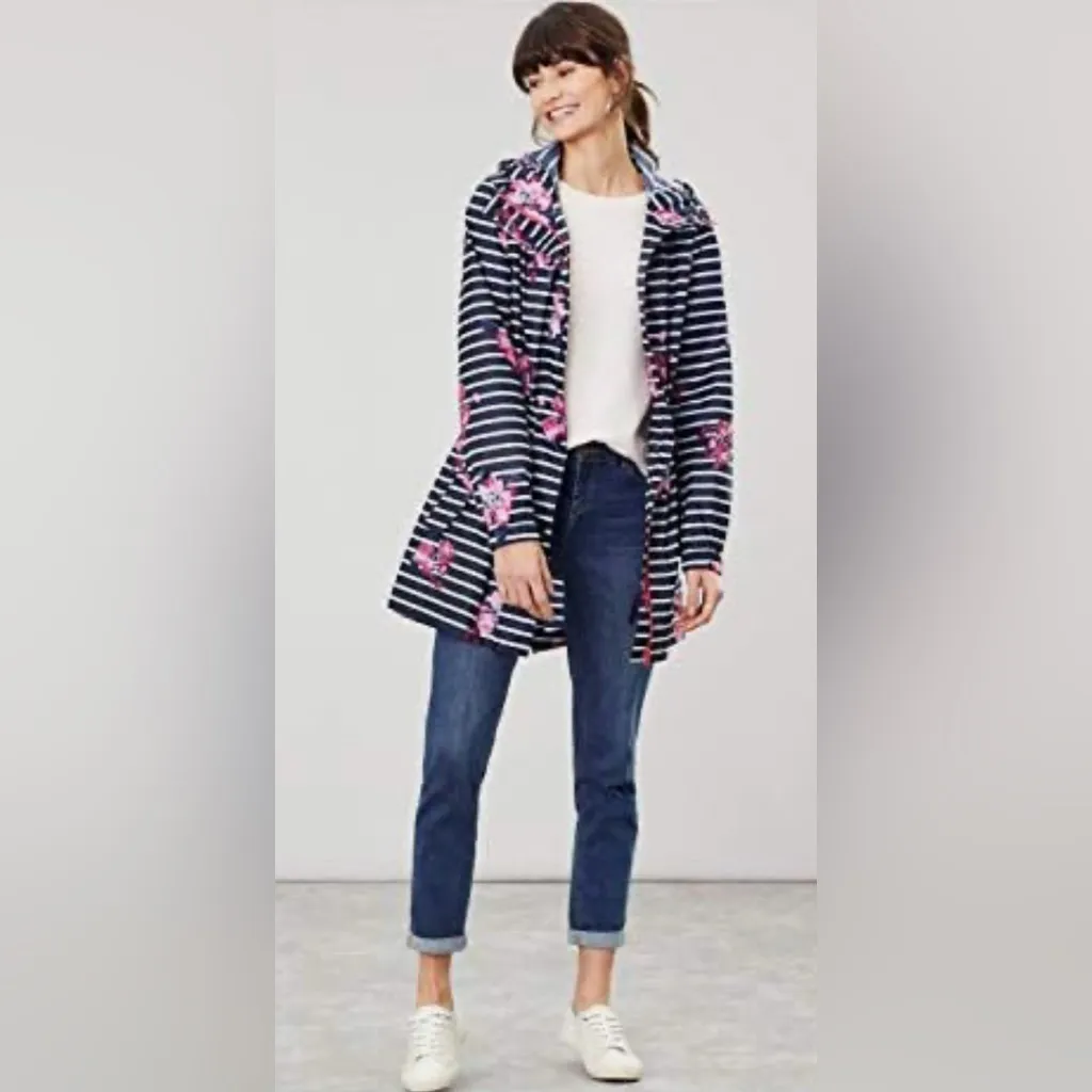 Joules Women’s Navy Blue White‎ Stripe with Pink Flowers Rain Coat Jacket Sz 4 - Image 3