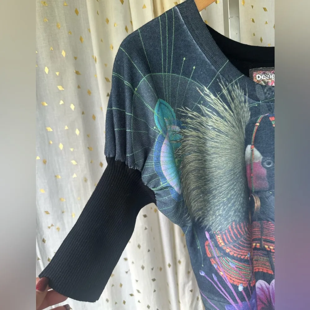 Desigual Loves Knitwear Art Deco Floral Exotic Bird Side Tie Unique Sweater XL - Image 3