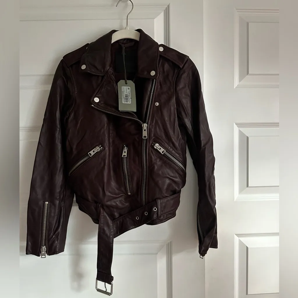 ALL SAINTS Balfern Biker Jacket in Deep Berry Red Size 4 NWT - Image 4