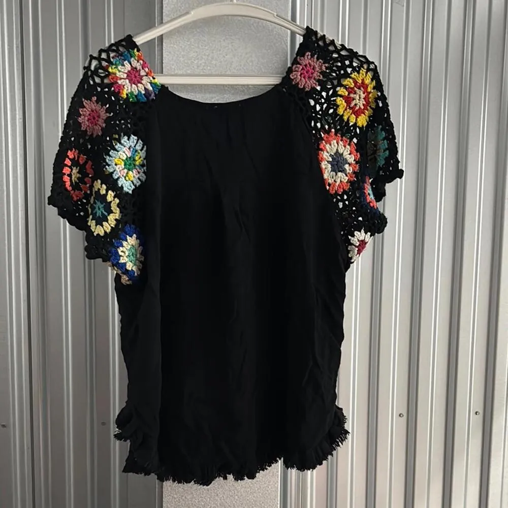 Umgee Boho Cotton Linen Black Blouse Bottom Fringe Crochet Sleeves - Image 6