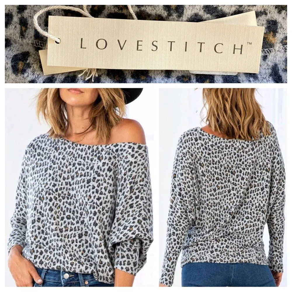 LOVESTITCH Leopard Dolman Top Sweater Gray Black Soft Small NEW - Image 3
