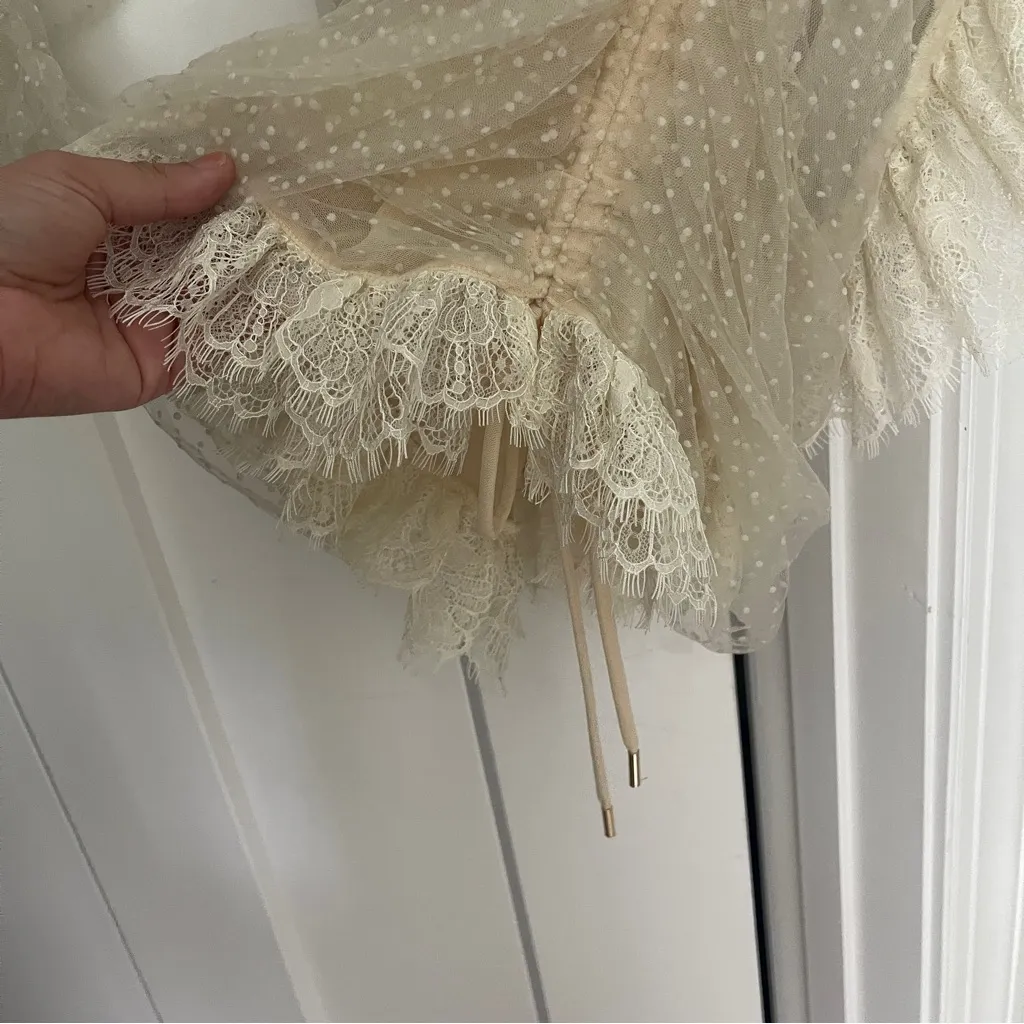 House of CB SORREL Ivory Lace Frill Mini Dress sheer Long Sleeve Polka Dot - Image 5