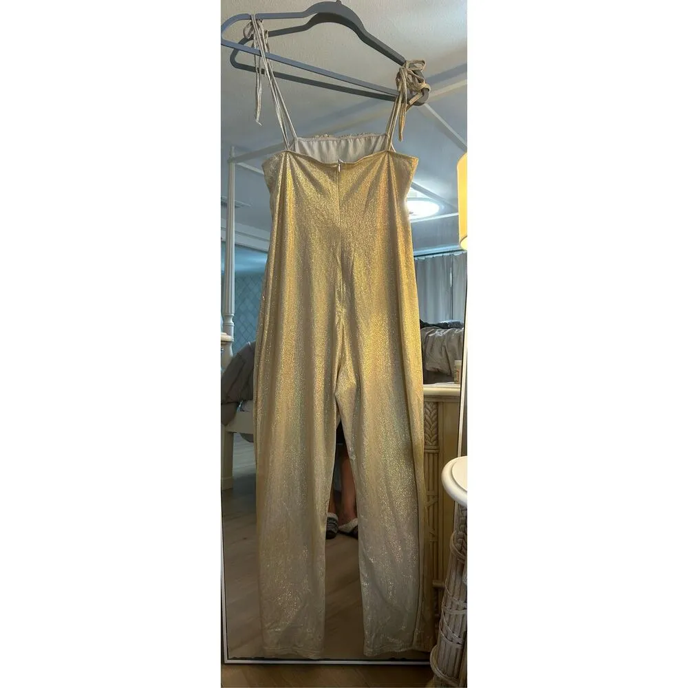 NEW Glitter Tie Straps Sparkle Metallic Disco Jumpsuit XL Gold - Image 2