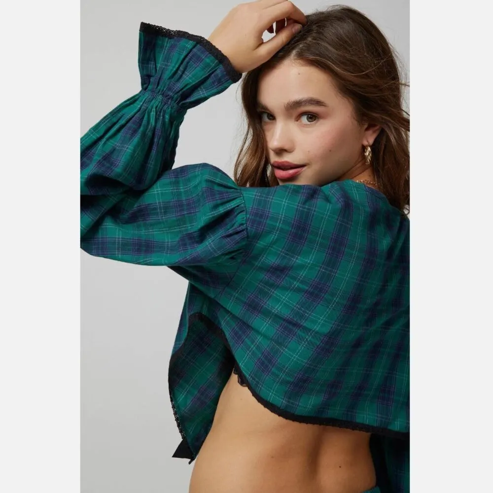 Urban Outfitters Top plaid charlotte bow tie open blouse womens Green (medium) - Image 6