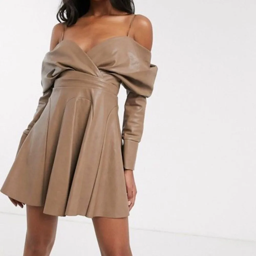 ASOS DESIGN slouchy off shoulder mini dress Taupe In Faux Leather size 4 NWOT - Image 10