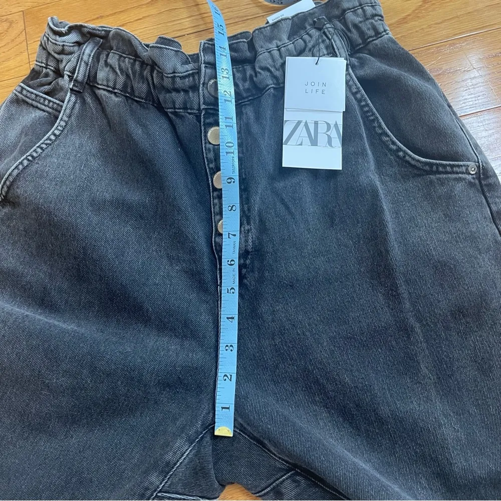 ZARA Paperbag BAGGY Fit Jeans Comfortable Cut High Waist Elastic Black Sz 12 - Image 11