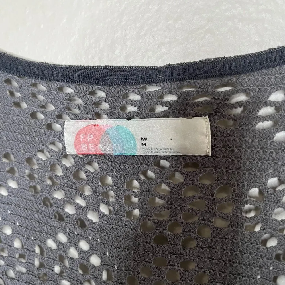 Free People Beach Gray Crochet Boho Long Cardigan Button down Coverup Medium - Image 4