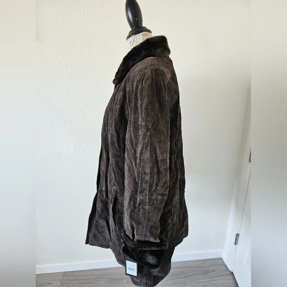 Gallery Dark Brown Suede Faux Fur Long Jacket Size L New With Tags - Image 2
