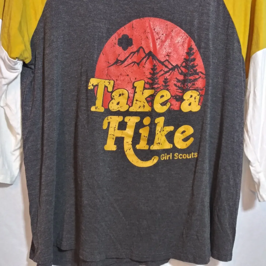 Ever Hottie Yellow and Gray Graphic Raglan Tee Take A Hike Girl Scouts Size XL - Image 3