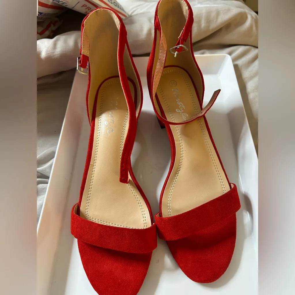 NEW Low Heels Open Toe Chunky Block Heeled Sandals Ankle Strap Comfortable 10 Red - Image 4