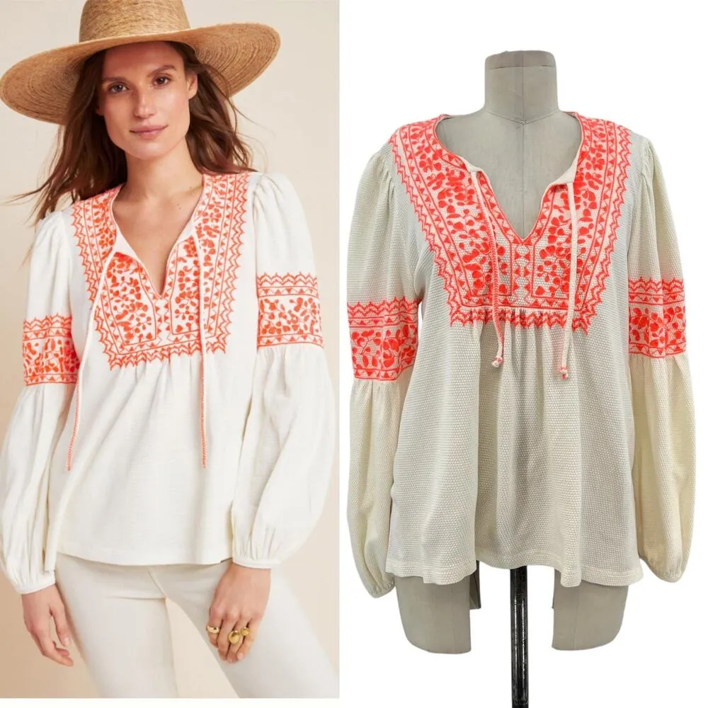 Anthropologie Maeve Louisa Peasant Top Textured Cream Neon Coral‎ Size Medium - Image 2