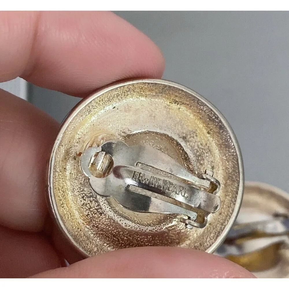 Vintage ERWIN PEARL Silvertone round Clip On Statement Bold Earrings Silver - Image 3