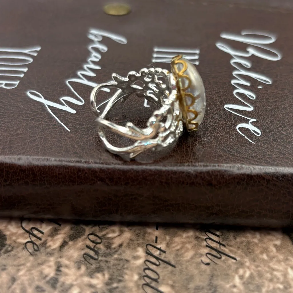 Purple Floral Pressed Flower Ring Adjustable Silver Band - Image 6