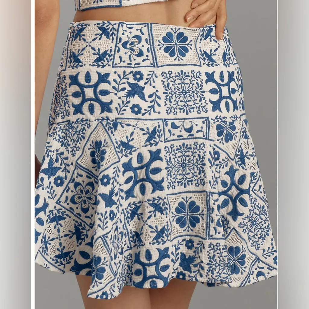 Maeve embroidery Blue and Cream Skater Skirt - Image 5