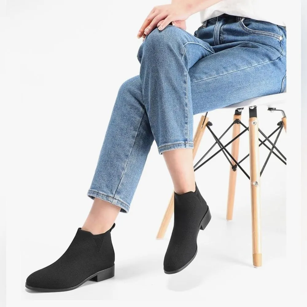 Bacia Women’s Sock Chelsea Ankle Boots Square Toe Short Low Heel Booties 7 NIB Black - Image 8