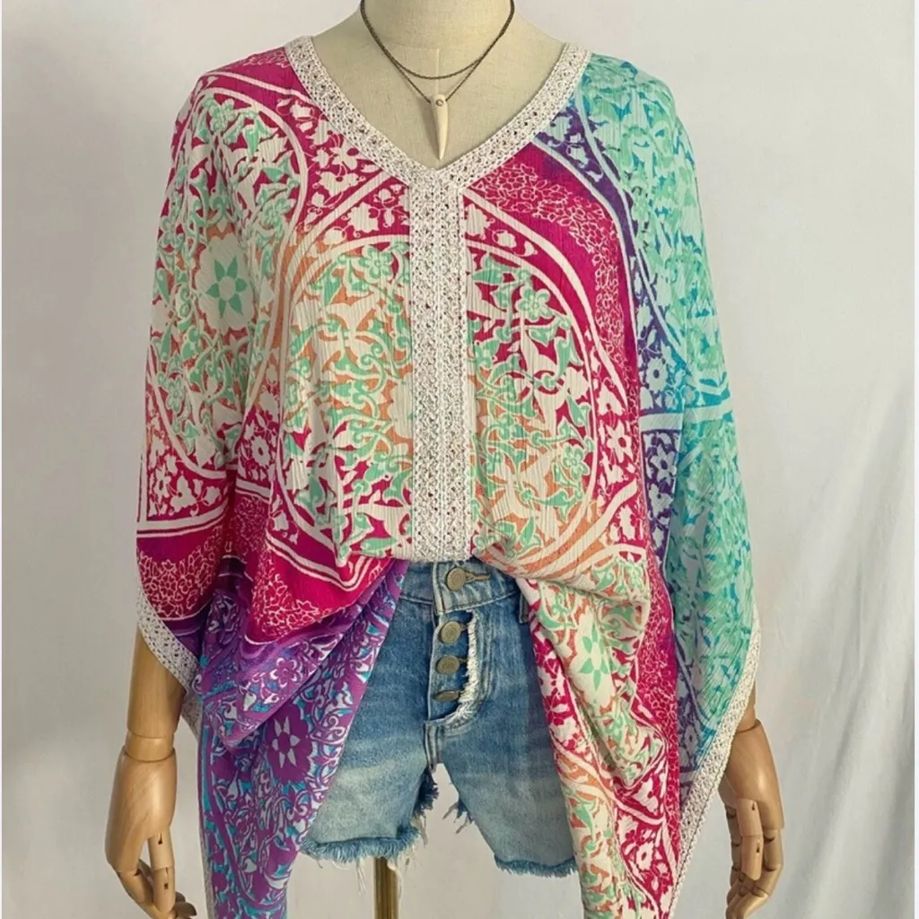 Chicos Kaleidoscope Medallion Poncho Top Crochet
Metallic‎ Boho Beach Blouse S/M - Image 5