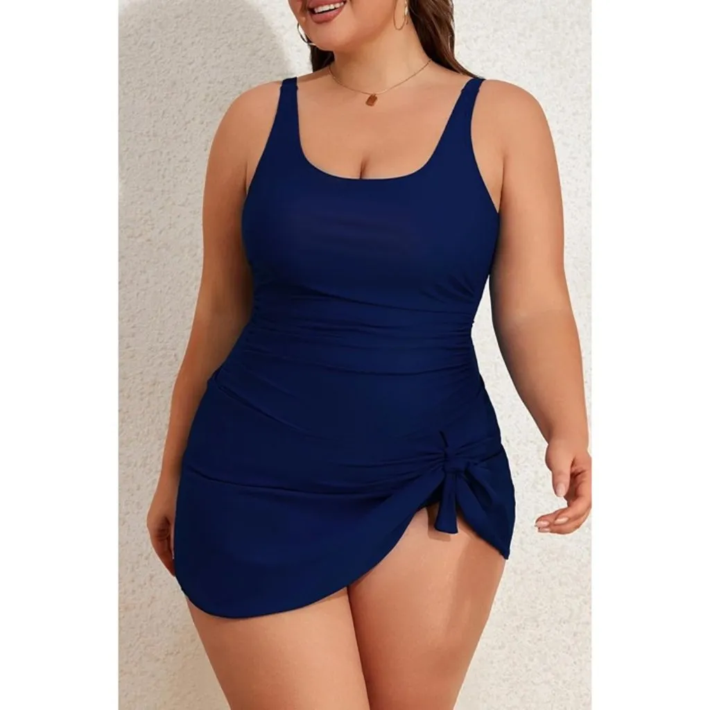 Eomenie 20 Plus Size Slimming Swim Dress One Piece Swimsuit Deep Blue - Image 3