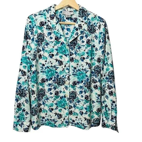 Vintage Womens Floral Dress Blouse Leslie Fay Blue White Top Shirt Size P 10 u - Image 1