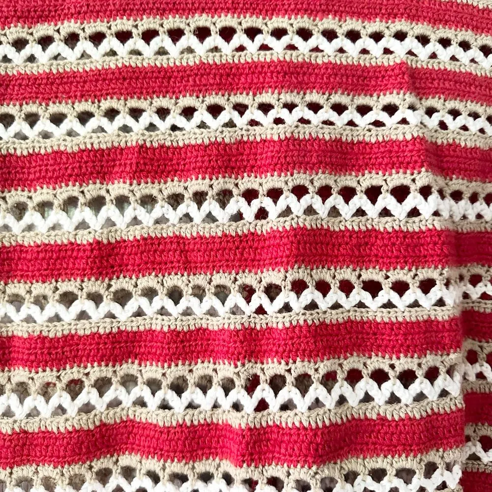 Catherine Stewart Belle Pointe Red Beige Stripe Open Hand Knit Vintage Cardigan Size M - Image 2