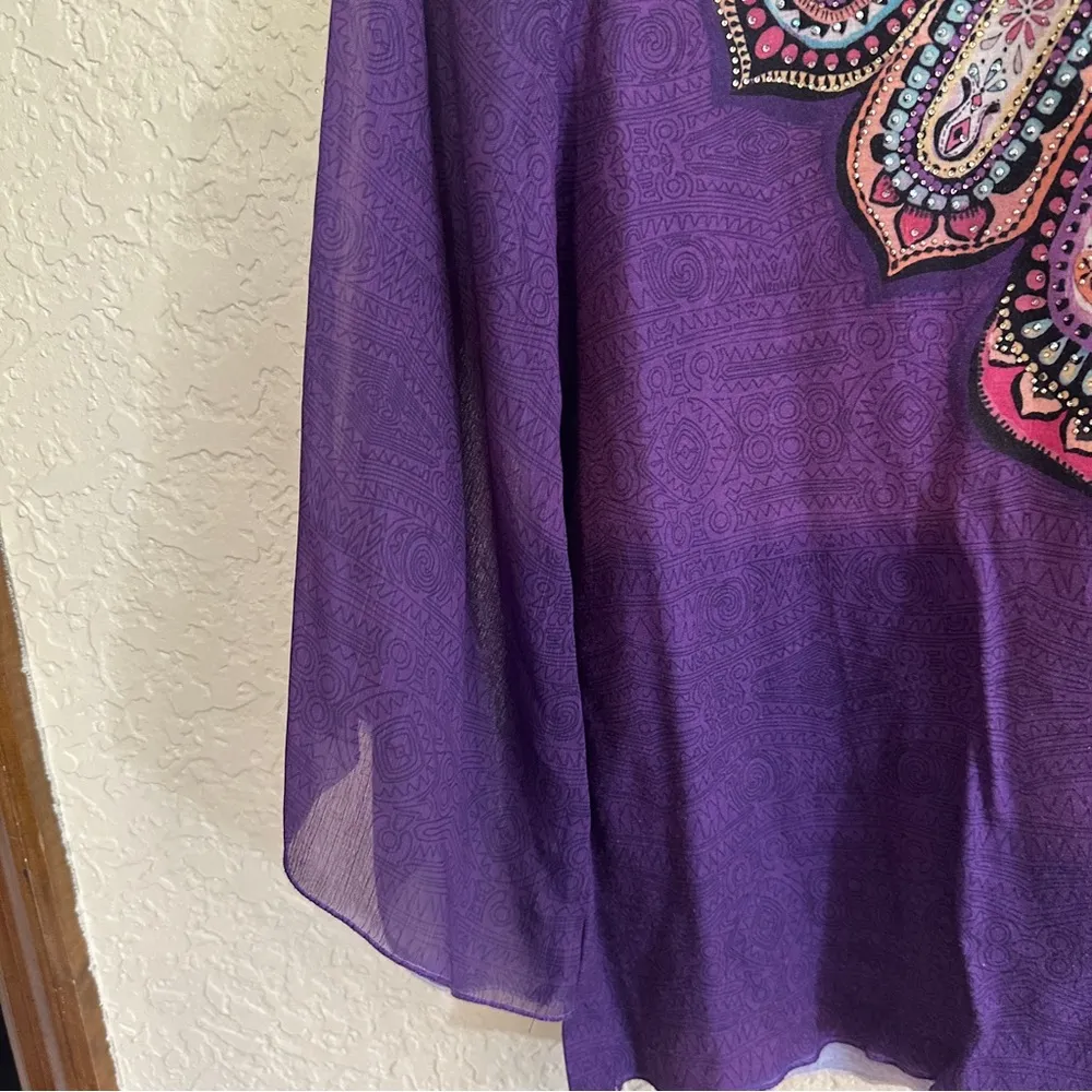 Chico's Purple Tunic Top Embroidered & Rhinestone Accents 3/4 Bell Sleeve Size 1 - Image 5
