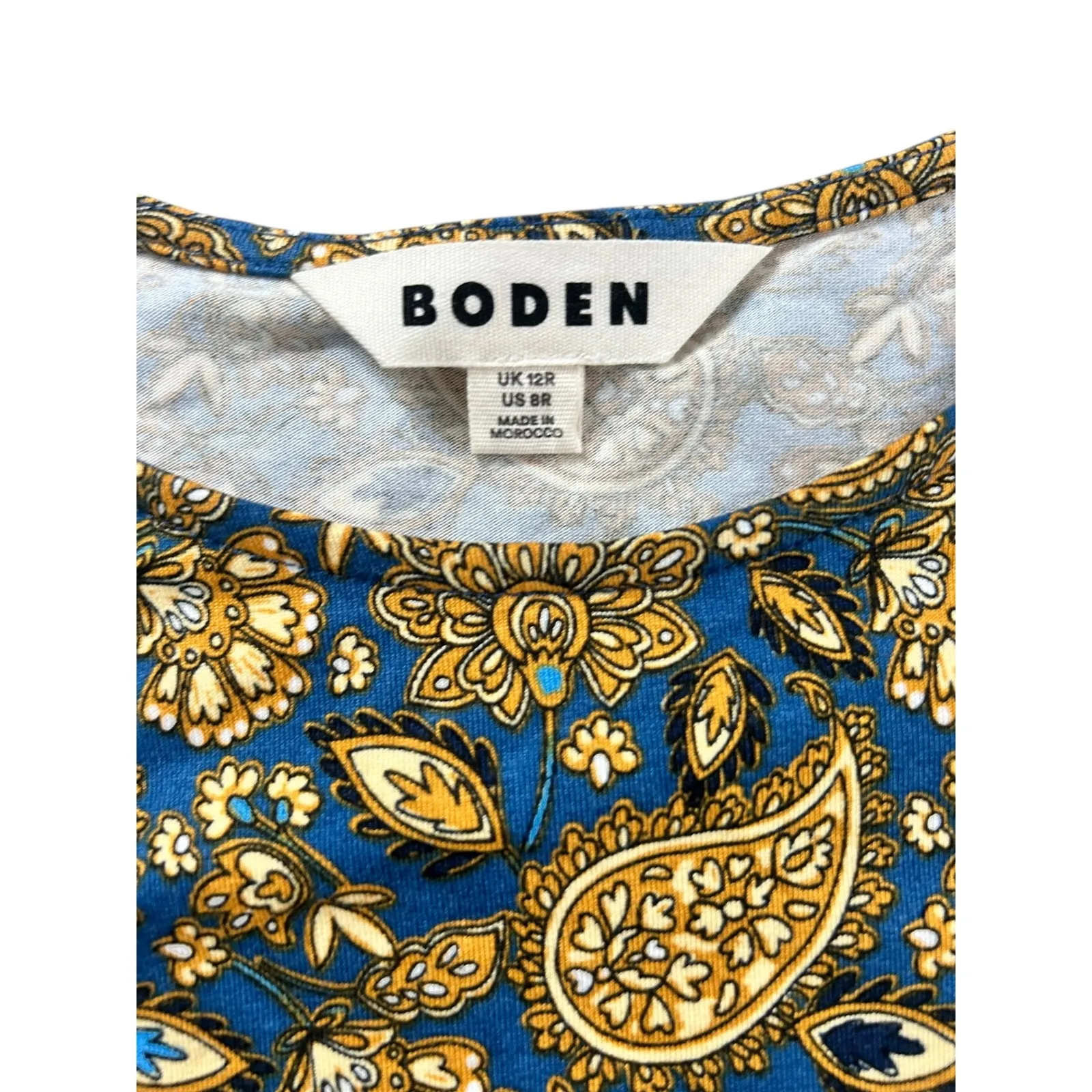 Boden Knot Detail Jersey Mini Dress Harvest Gold Paisley Terrace Women's Size 8R Blue - Image 6