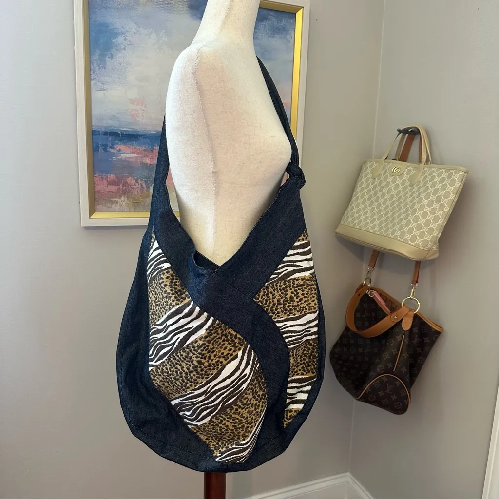 Y2K Denim + Animal Print Large Hobo Bag Black - Image 2