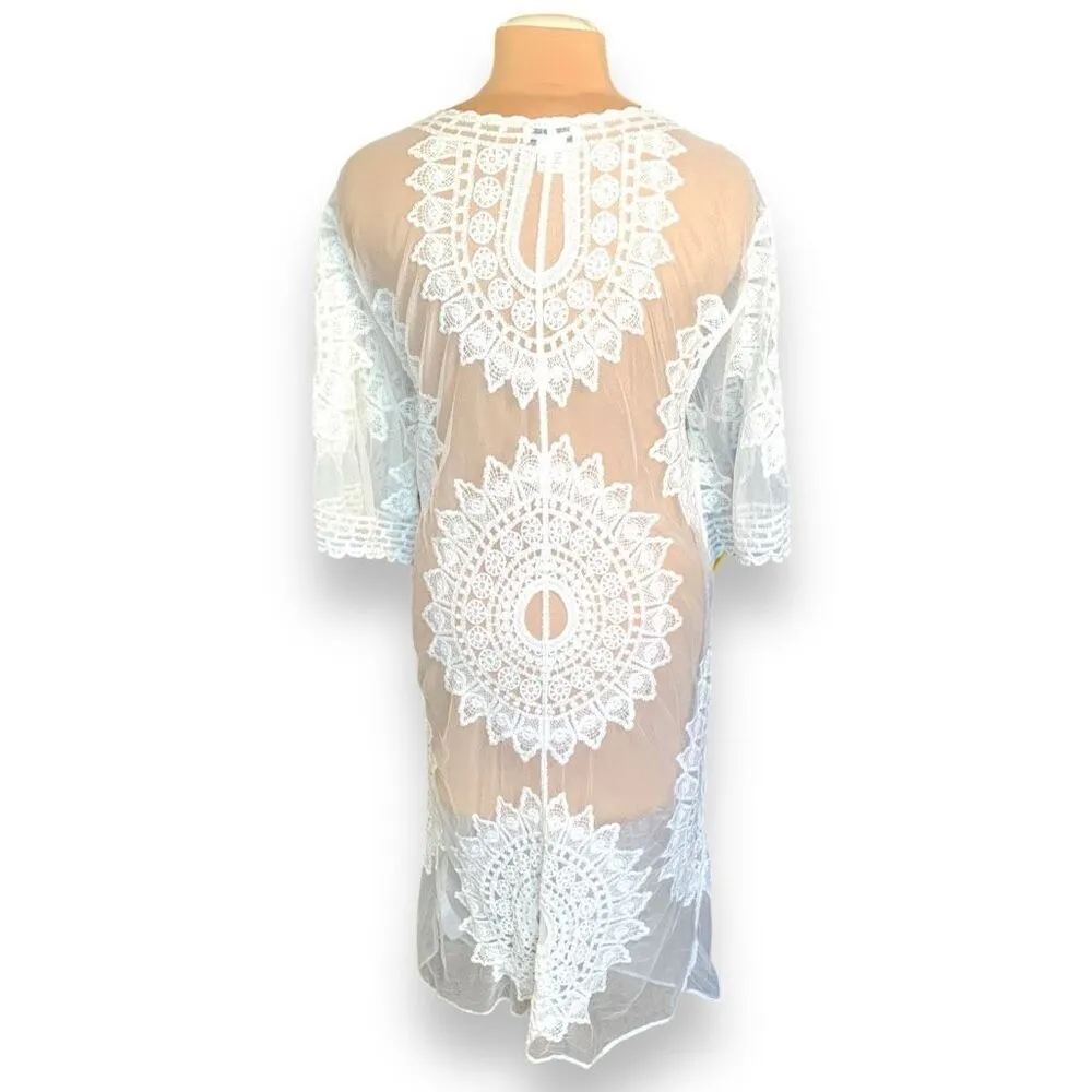 Rachel Zoe Kimono Sheer White Embroidered Lace Long Open Front Boho Swim Coverup - Image 5