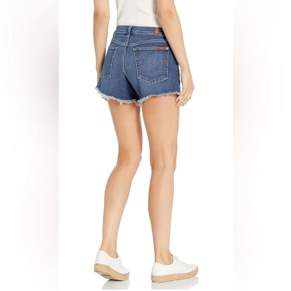 7 FOR ALL MANKIND High Rise Fringe Hem blue denim shorts - Image 2