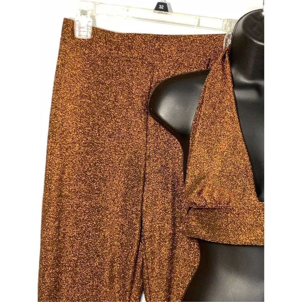 Shein SXY Women's Metallic Wrap Top And Palazzo Pant Set Tan & Black Medium - Image 3