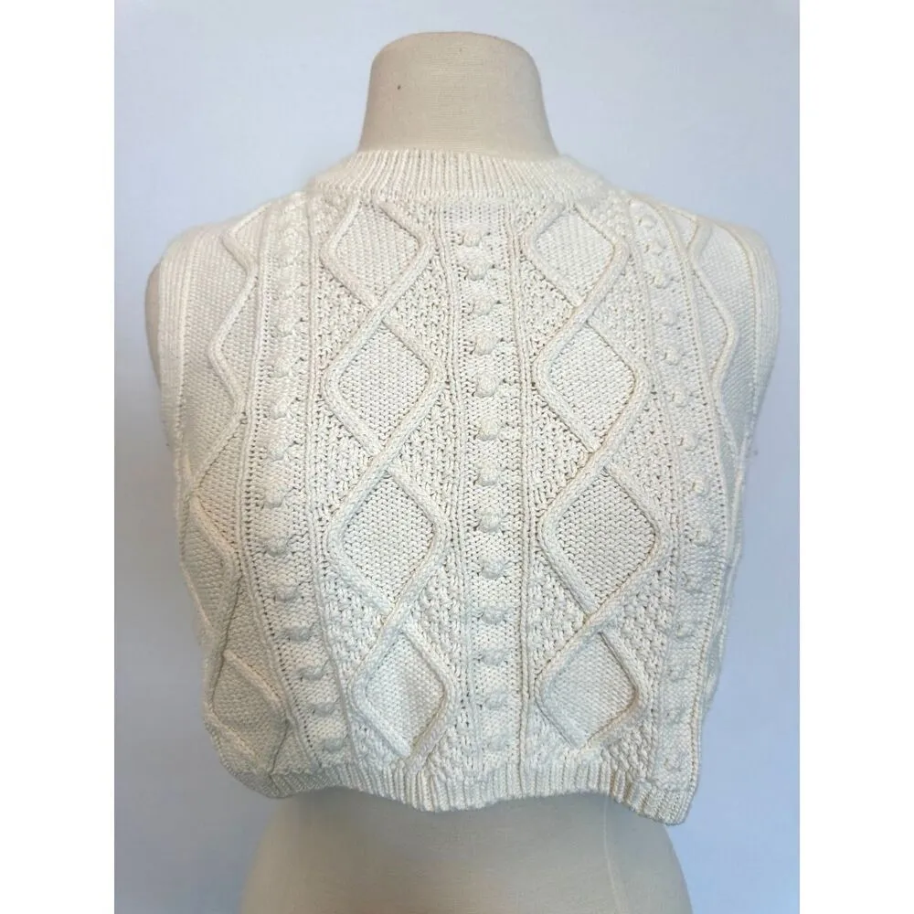 Cropped Cable Knit Cream Sleeveless Sweater Size Large - Image 3