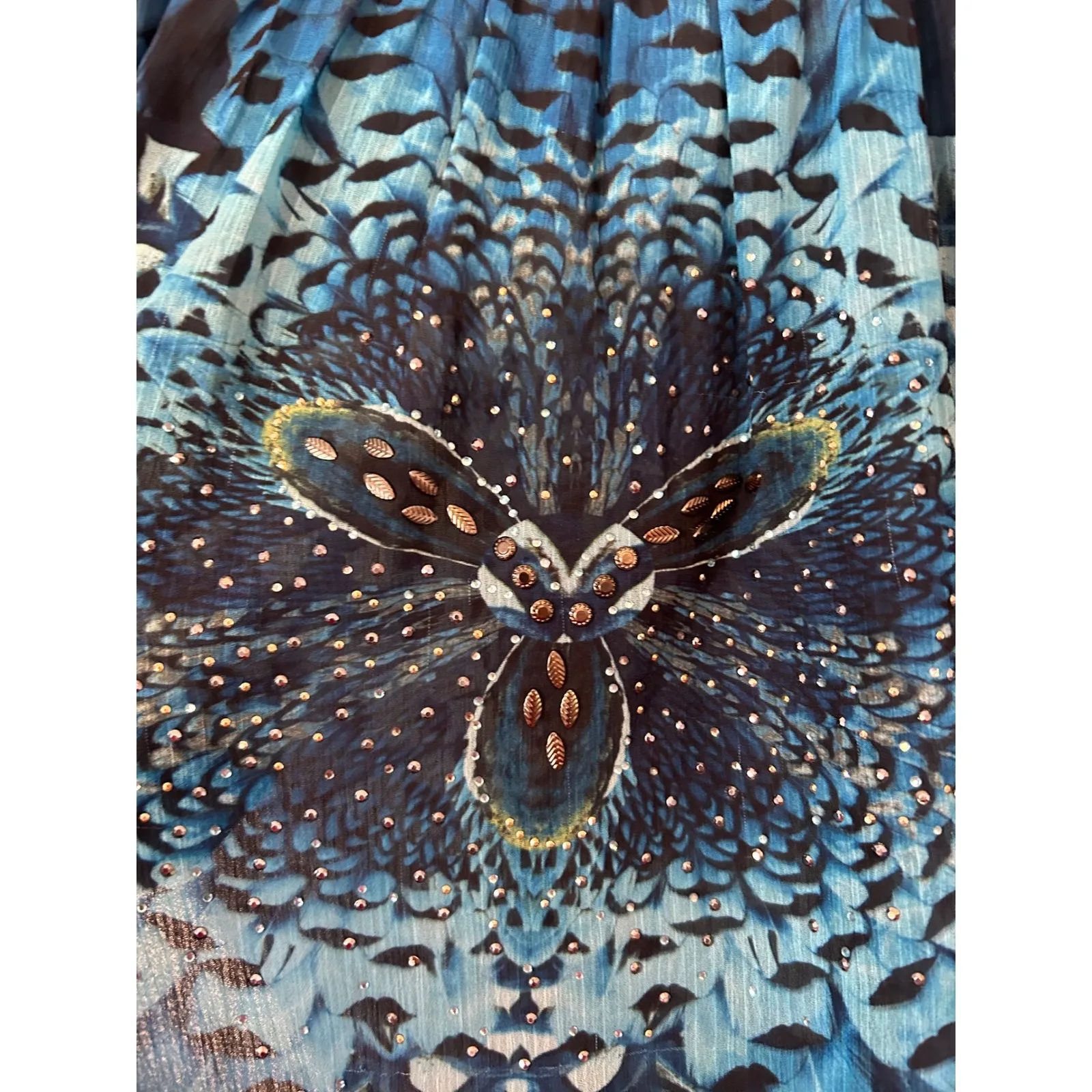 New‎ Directions Sheer Blouse Embellished Top Blue Feather Print Small - Image 4