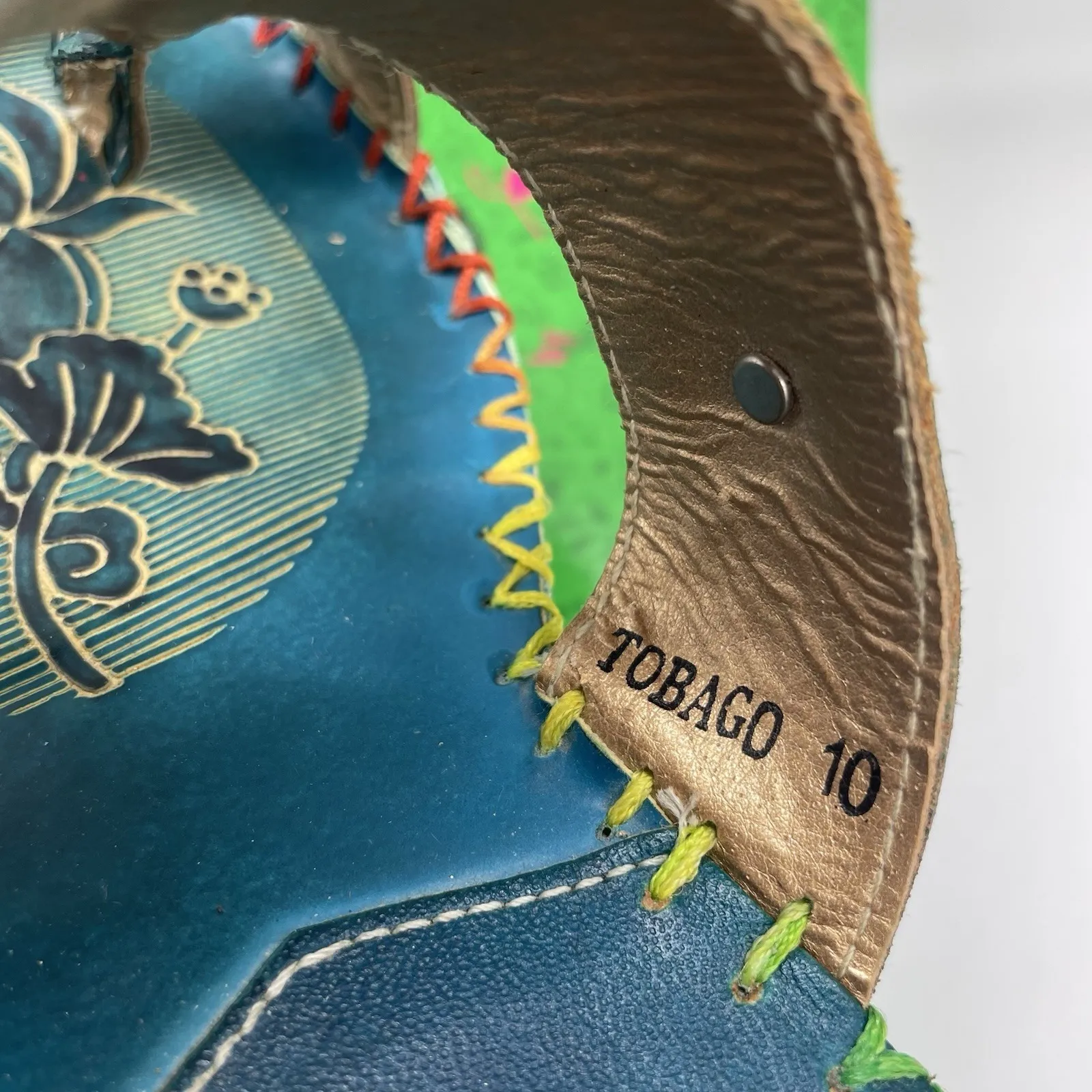 Elite By Corkys Womens 10 Sandal Tobago Teal Floral Tropical Brass Accents Slide Blue - Image 11