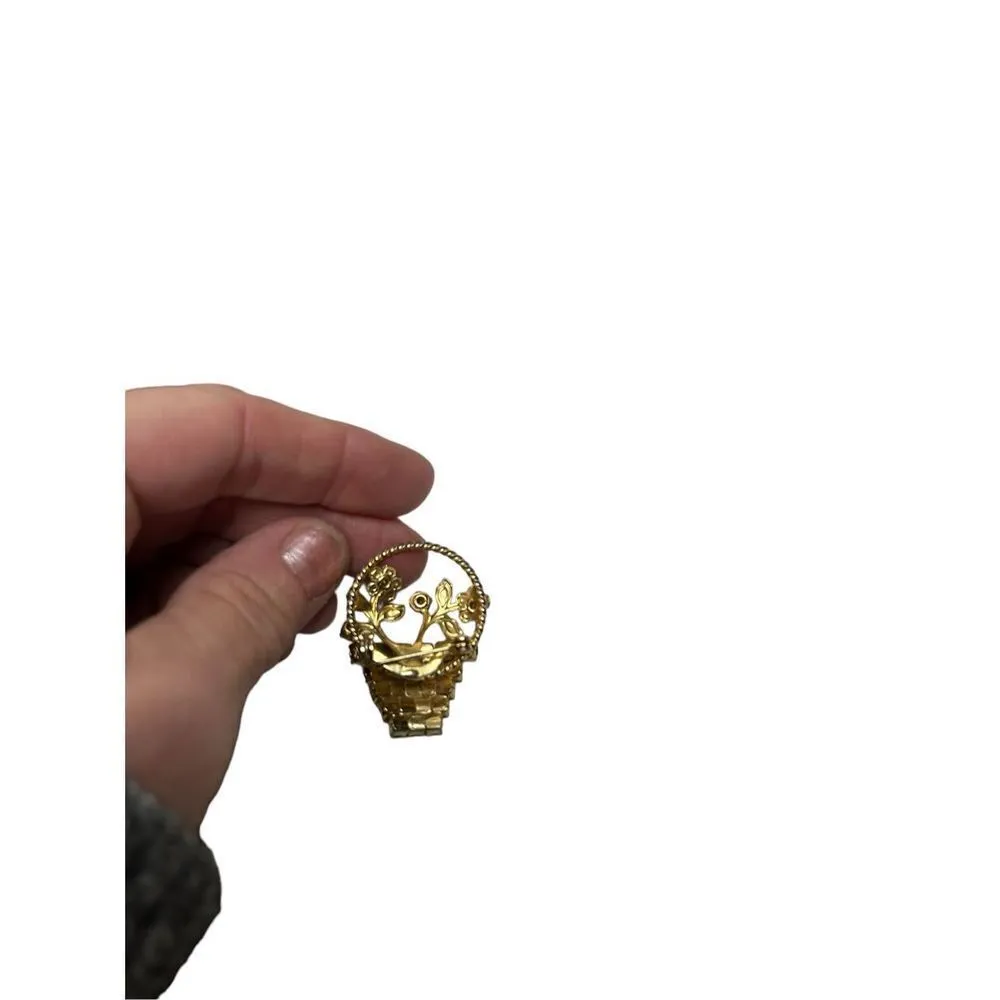 1960s Rhinestone colorful Flower Basket Brooch Pin Gold - Image 2