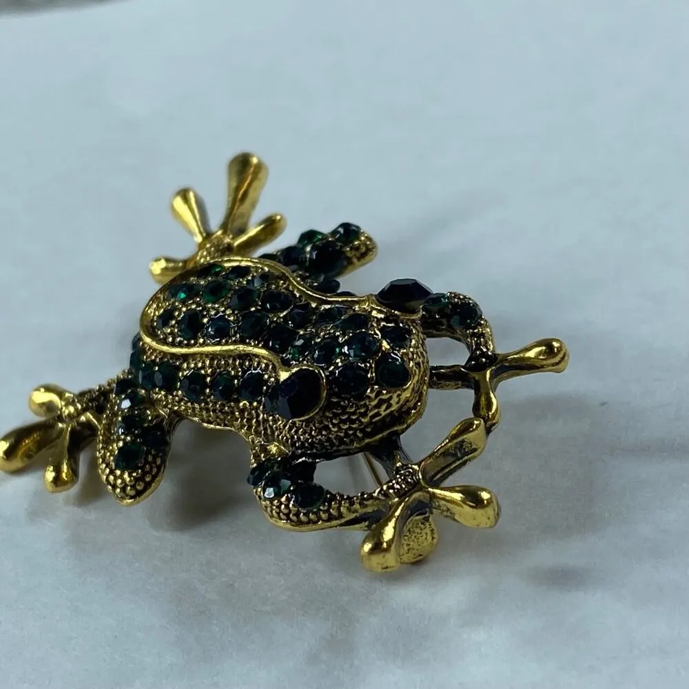 Frog Pin Brooch Gold Tone Metal Green Rhinestones Fashion Jewelry - Image 11